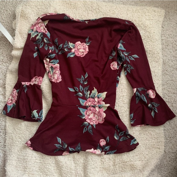 iZ Byer Burgundy Floral wrap top - Picture 5 of 8